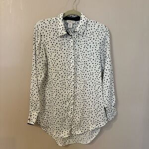 White Button-Up Shirt with Black heart shaped Polka Dots